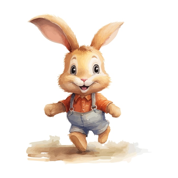 Vecteur cute dessin animé de lapin qui marche dans le style de la peinture à l'aquarelle