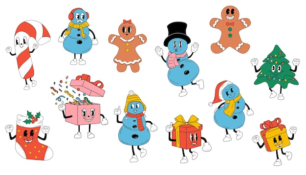 Vecteur cute dessins animés mascotte de noël émotions joyeuses et joyeuses vieux dessin animé des années 60 années 70 dessins humoristiques