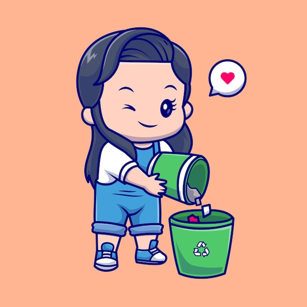 Cute Girl Throwing Trash In Bin Trash Cartoon Vector Icon Illustration. Icône De La Nature Des Gens Isolé