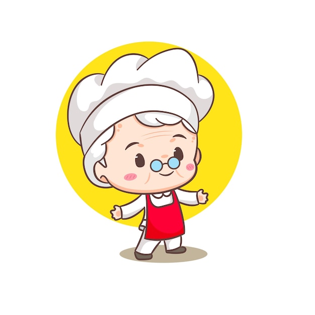 Vecteur cute grand-mère chef dessin animé grand-mère cuisiner logo art vectoriel personnes nourriture icon concept