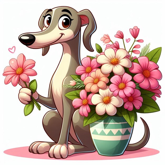 Vecteur cute greyhound dog et les fleurs illustration de dessin animé vectoriel