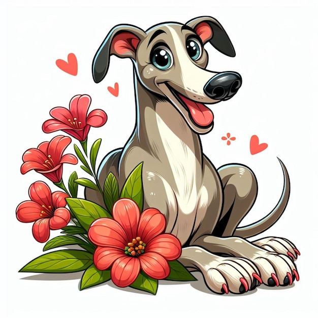 Cute Greyhound Dog Et Les Fleurs Illustration De Dessin Animé Vectoriel