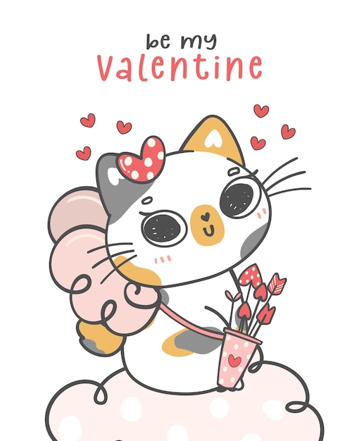 Cute happy Valentine amour cupidon Calico chaton est assis sur un nuage rose être mon personnage de dessin animé animal Valentine doodle dessin à la main