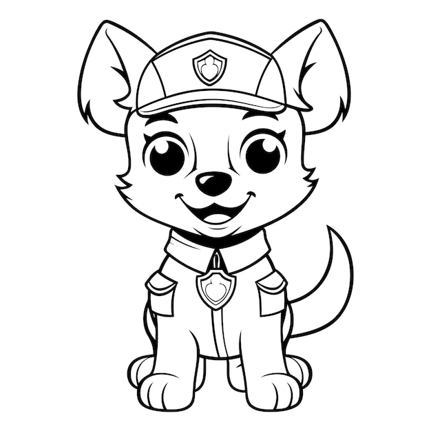 Vecteur cute illustration vectorielle en noir et blanc du chien de police de dessin animé