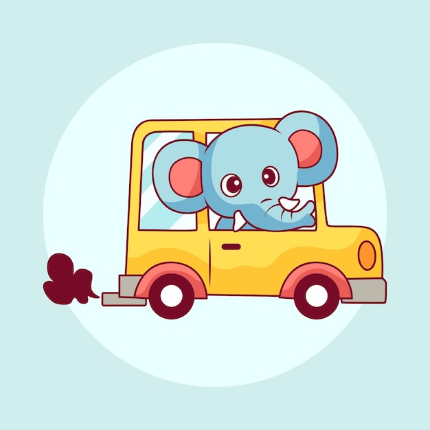 Cute kawaii éléphant conduisant une voiture vecteur pour les enfants t-shirt autocollant dessin emoji page de coloration