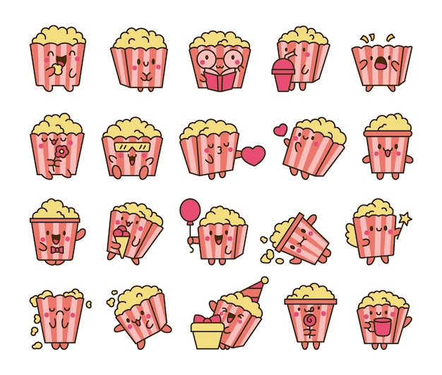 Cute Kawaii Popcorn Personnage Dessin Animé Drôle à Rayures Seau De Nourriture Croustillante Style Dessiné à La Main