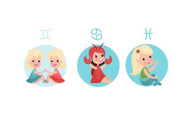 Vecteur cute kid characters depicting zodiac sign or astrological sign vector illustration set