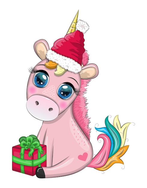 Vecteur cute licorne de dessin animé dans le chapeau de père noël avec cadeau boule de noël bonbons kane nouvel an et vacances de noël