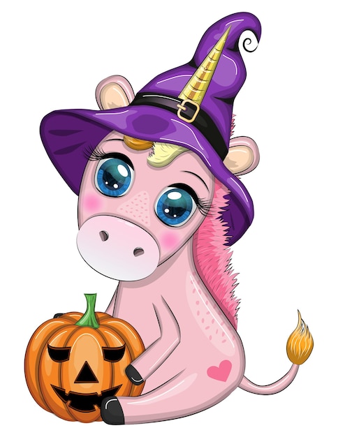 Vecteur cute licorne de dessin animé dans un chapeau de sorcière violet avec potion de citrouille ou balai personnage de vacances d'halloween