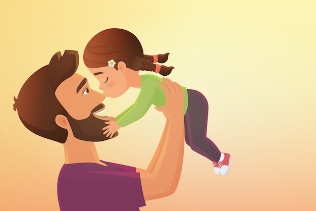 Cute little girl kid embrasse son heureux père cartoon illustration