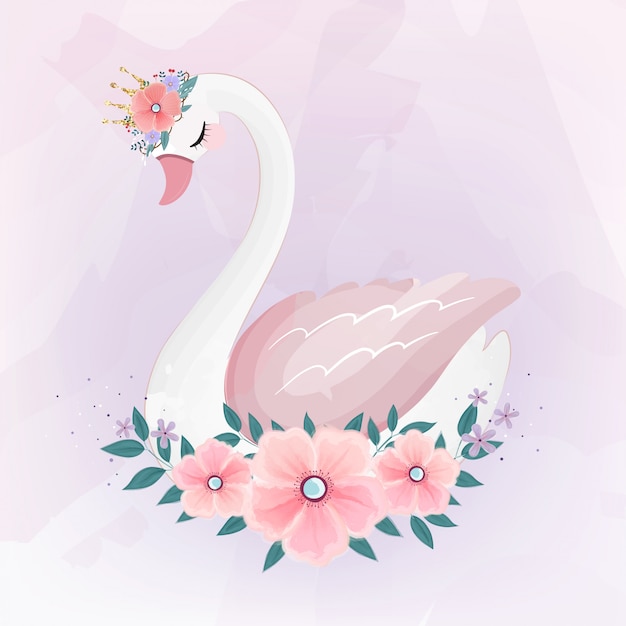 Vecteur cute little princess swan avec bouquet de fleurs.