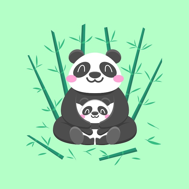 Cute Mother Panda Est Assis Avec Son Enfant Vecteur Premium