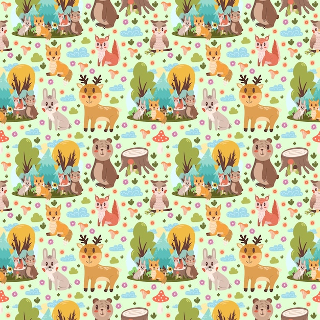 Cute motif d'enfant sans couture avec différents animaux de la forêt sur un fond vert Childrens des