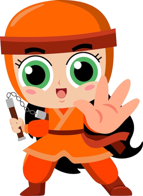 Vecteur cute ninja girl warrior personnage de dessin animé avec nunchaku en action