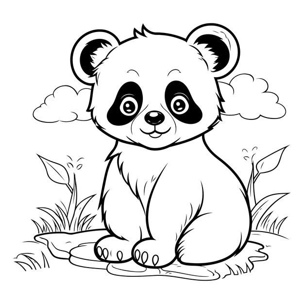 Vecteur cute panda sitting on the grass coloring book for children