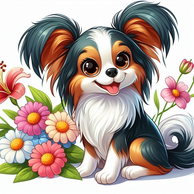 Cute Papillon Dog And Flowers Illustration De Dessin Animé Vectorielle