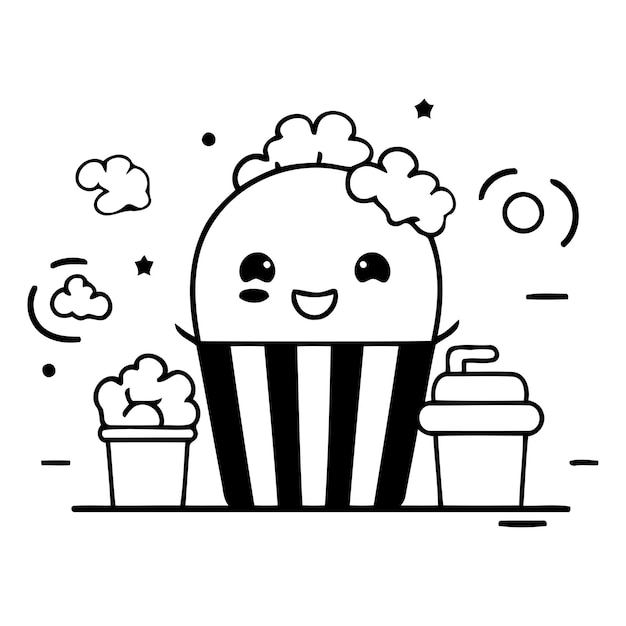 Cute Personnage De Pop-corn De Dessin Animé Vector Style De Conception De Ligne Plate Icône D'illustration