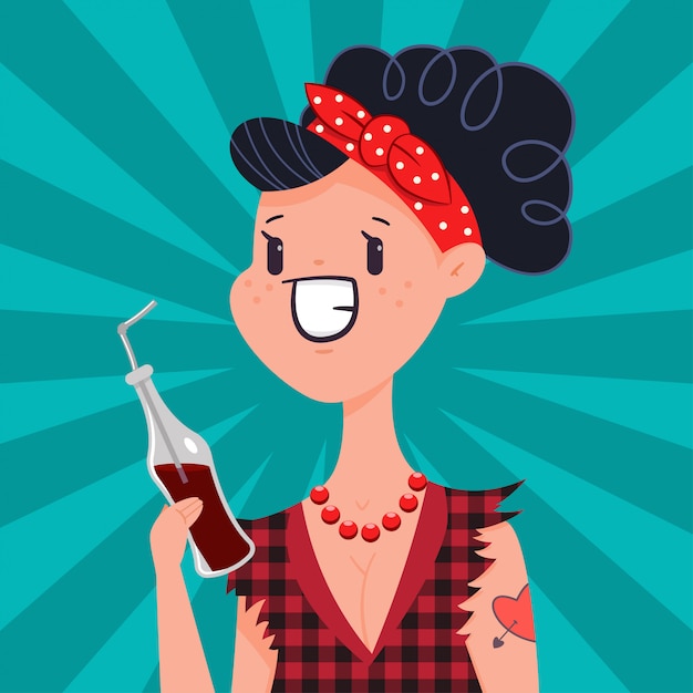 Vecteur cute pin-up girl avec de l'eau de soda de tatouage boisson. personnage de femme dessin animé vecteur dans un style vintage pop art