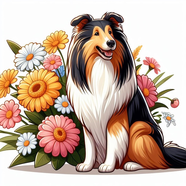 Vecteur cute rough collie dog dessin animé vector style fond blanc