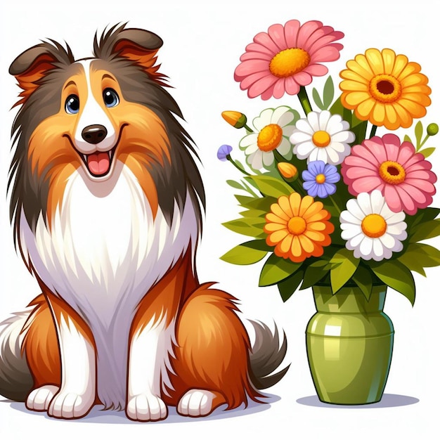 Vecteur cute rough collie dog dessin animé vector style fond blanc