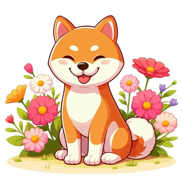 Cute Shiba Inu Dogs amp Vecteur de fleurs Illustration de dessin animé