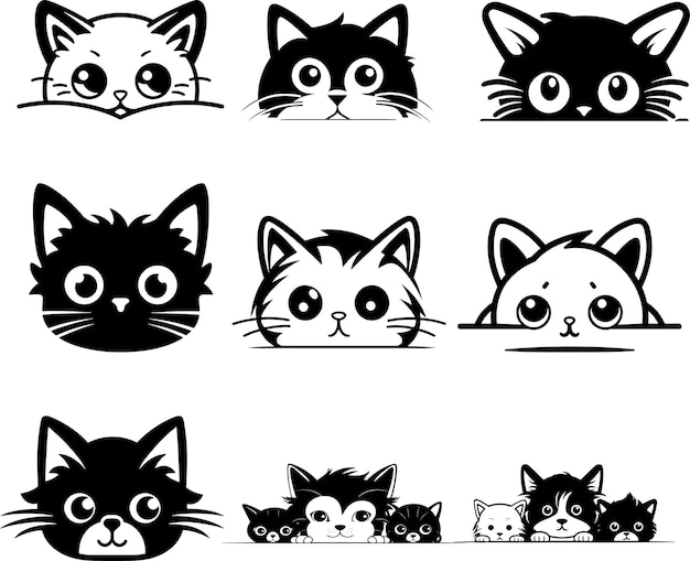Cute silhouette de chat piquant collection d'illustrations vectorielles d'autocollants noirs et blancs