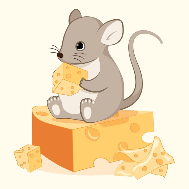 Cute Souris De Dessin Animé Petite Souris S'assoit Sur Un Morceau De Fromage Et Le Mange Rongeur Dans Les Enfants De La Maison