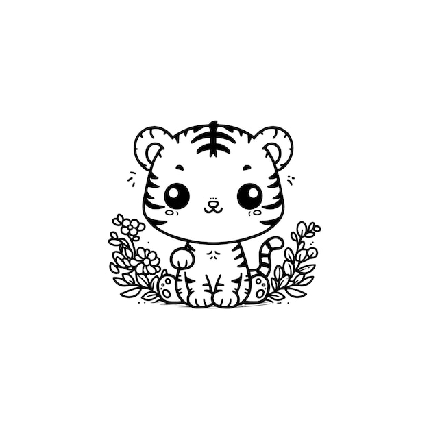 Cute tigre dessin animé ligne d'art page de coloration Bébé tigre animal de couleur Page de contour de Cute Tigre