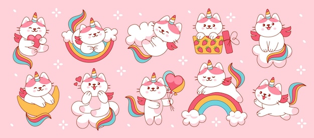 cute unicorn cat kawaii kitten unicorns cartoon fairy tale little caticorns on rainbow on cloud doodle fantasy baby animal characters funny meow vector stickers