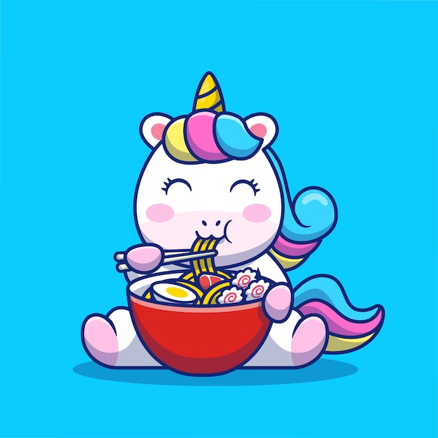 Cute Unicorn Eat Ramen Noodle Cartoon Icon Illustration. Concept D'icône De Nourriture Animale Isolé Premium. Style De Bande Dessinée Plat