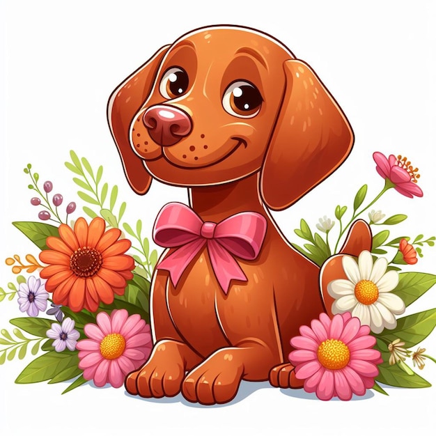 Vecteur cute vizsla dog and flowers illustration de dessin animé vectorielle