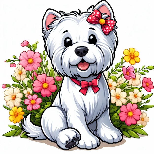 Vecteur cute westie dog et les fleurs illustration de dessin animé vectorielle