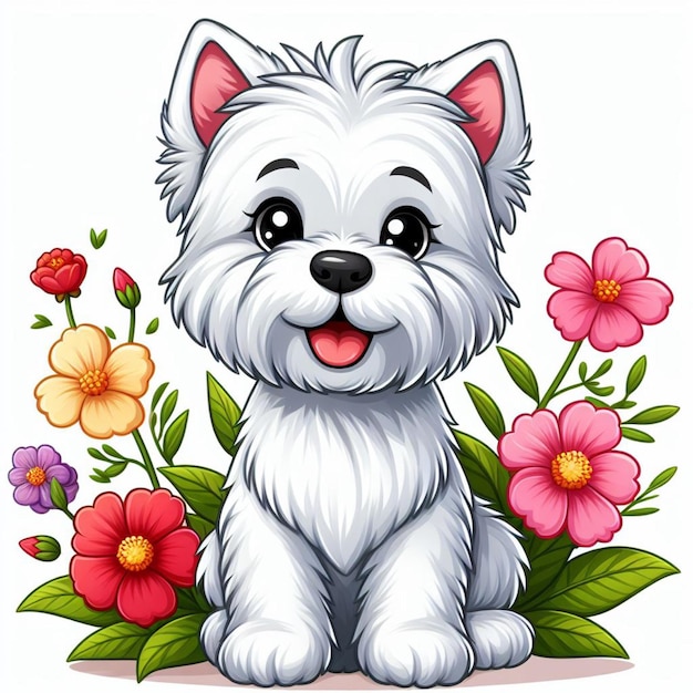 Cute Westie Dog Et Les Fleurs Illustration De Dessin Animé Vectorielle