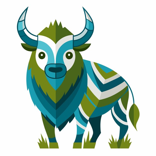 Vecteur cute yak buffle taureau dessiné à la main personnage de dessin animé autocollant icône concept illustration isolée