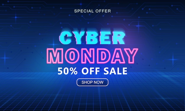 Cyber lundi publicité bannière lumineuse avec boutique maintenant bouton et texte au néon 50 off vente affiche promotionnelle