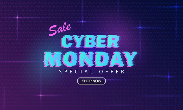 Cyber Monday Promo Bannière Des Années 80 Avec Bouton De Magasin Et Texte Au Néon Vente D'offre Spéciale Affiche Publicitaire