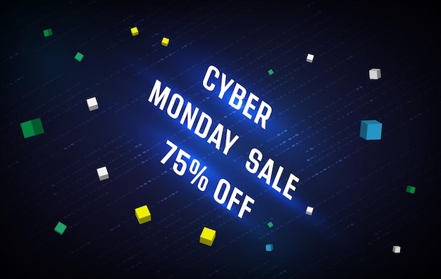 Cyber Monday Vente Offre Spéciale Affiche Avec D Cubes Noirs De Pourcentages Sur Fond Sombre De Code Binaire