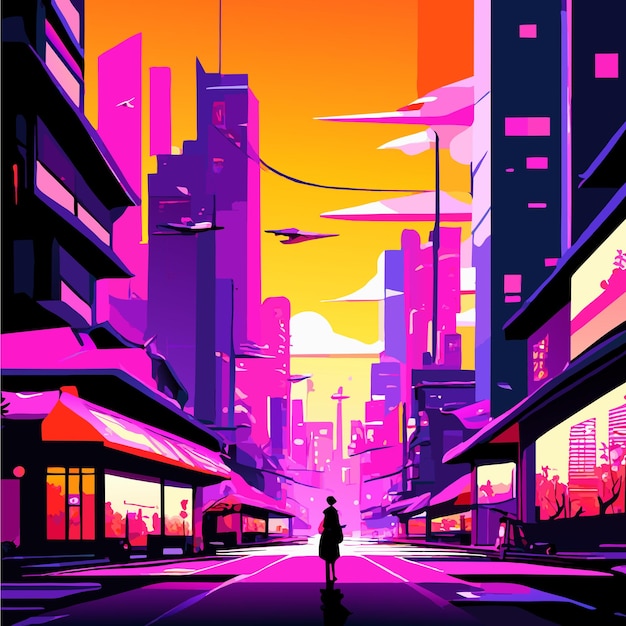 Vecteur cyberpunk neon city street au coucher du soleil
