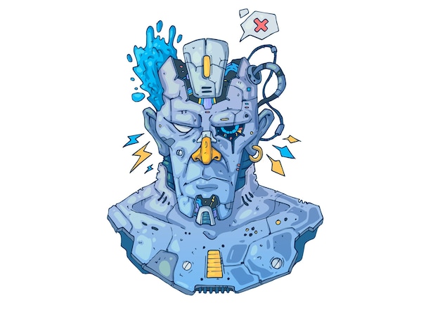 Cyborg brutal, portrait cyberpunk. Illustration de dessin animé créatif.