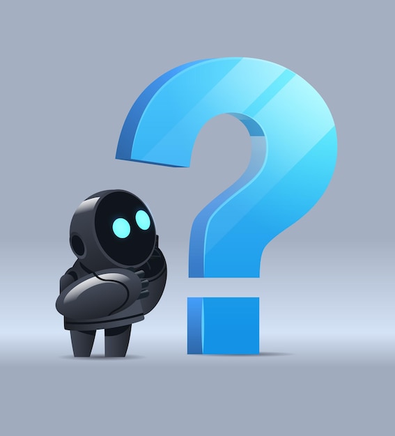 cyborg robot frustré debout près du point d'interrogation aider le service de support faq problème technologie d'intelligence artificielle