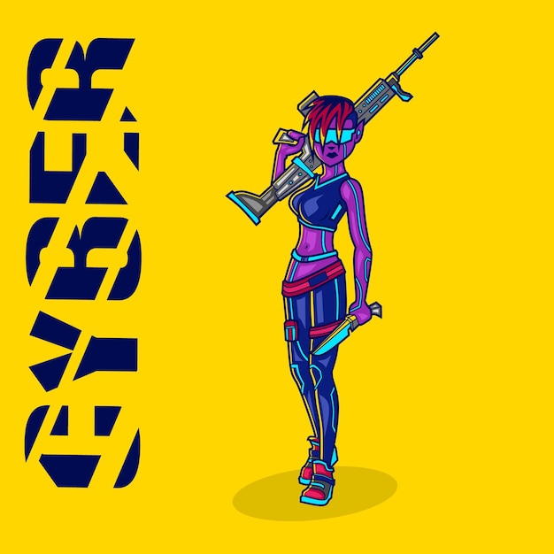 Cyborg woman wear gun illustration de personnage de dessin animé de style cyberpunk