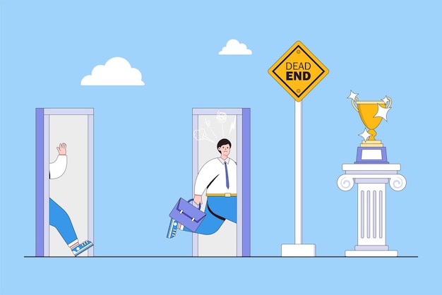 Cycle d'affaires infini travail de routine ou cheminement de carrière concepts de boucle de processus de travail Homme d'affaires frustré courant au portail de porte sans issue et signalisation sans issue pour l'empêcher d'atteindre son objectif