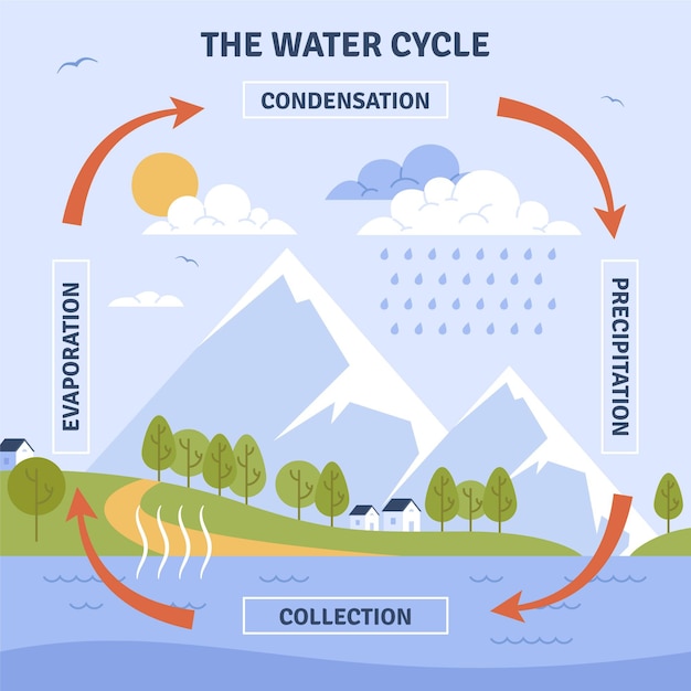 Cycle de l'eau dessiné à la main illustré