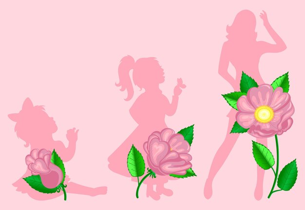 Le cycle de vie d'une femme sur l'exemple de la floraison d'une fleur de rose. La fleur fleurit à mesure que la femme mûrit. Les personnages féminins, le cycle de la vie, les étapes de croissance du bébé à la femme.