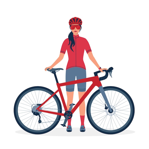 Cycliste De Femme Dans Des Vêtements De Sport Et Des Supports De Casque Avec Un Vélo