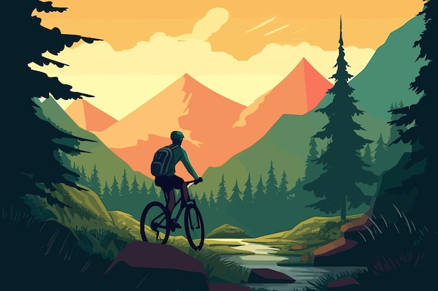 Cycliste Homme, équitation, Vélo, Dans, Montagnes, Vecteur, Illustration