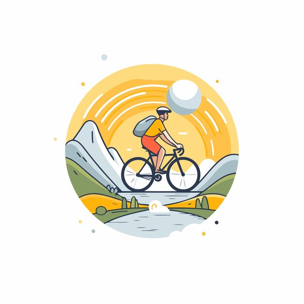Cycliste à Vélo Dans Les Montagnes Illustration Vectorielle De Style Plat