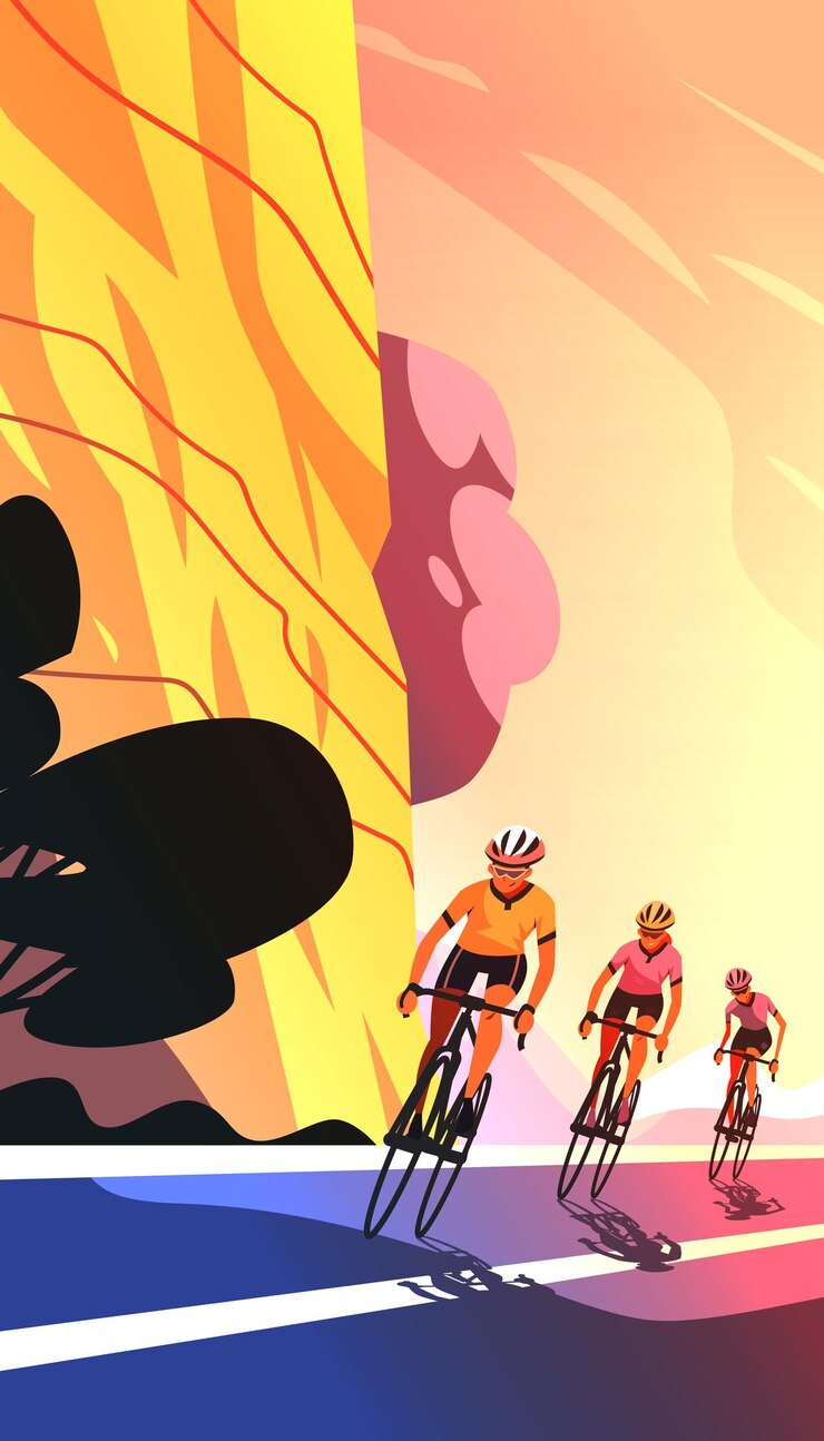 Des cyclistes sur une route avec une montagne et un ciel abstraits colorés en arrière-plan