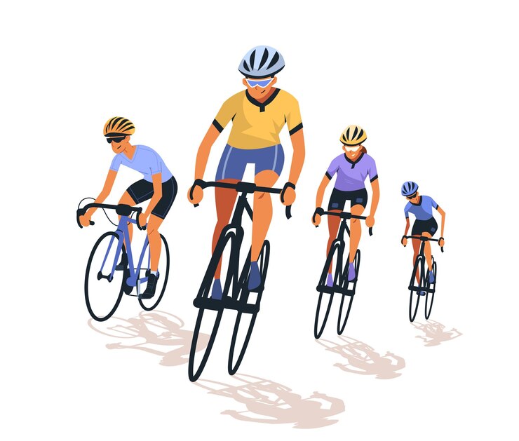 Des cyclistes à vélo dans un groupe portant des casques et des vêtements de sport sur un fond blanc