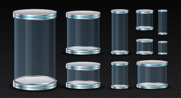 Les cylindres en verre transparent sont des ensembles de récipients en verre de différentes formes destinés à la présentation de produits.